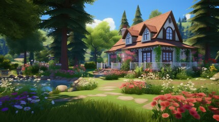 Poster - trees house with green grass