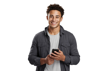 smiling young man holding a mobile phone, isolated on transparent background