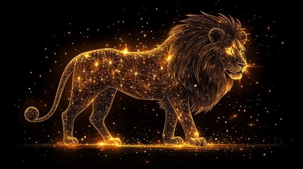 A majestic lion with a detailed and glowing golden geometric pattern overlaying its form. The lion's mane and body are illuminated with golden sparkles and light points, resembling a celestial