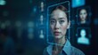 © Evgenii - Woman is engaged in facial recognition technology analysis at a high-tech facility during the evening