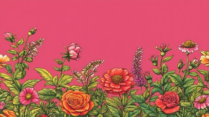 Wall Mural - Vibrant floral border bright pink background. AI Generated