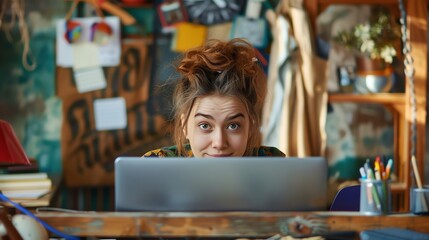 Poster - A woman with a surprised expression peeks over a laptop.