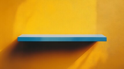 Wall Mural - Blue Shelf Against Vibrant Yellow Wall Sunlight casts shadows. AI Generated