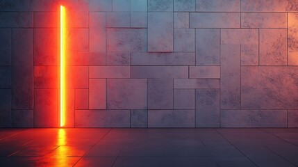 Wall Mural - Vibrant orange neon light illuminates dark concrete wall stylish modern interior design. AI Generated