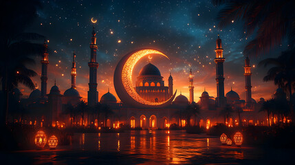 Wall Mural - Night scene of mosque, crescent moon, lanterns, and stars; Ramadan celebration;  greeting card