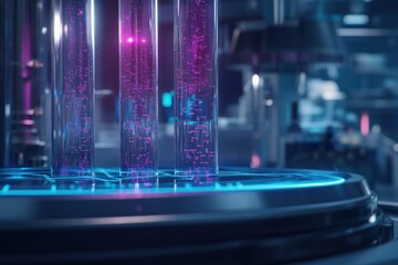 Poster - Futuristic laboratory scene showcasing glowing test tubes filled with vibrant liquid, high-tech equipment in the background
