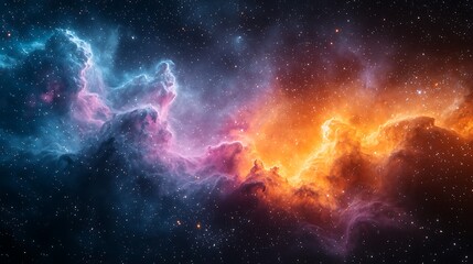 Wall Mural - cosmic collision: a breathtaking nebula, swirling with vibrant hues of fiery orange and cool blue, c