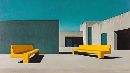 Canvas Print - Bright yellow benches sharply contrast serene minimalist architecture under vibrant sunlight. AI Generated