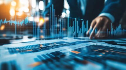 Poster - Business professional analyzing data charts and graphs in a modern office with a cityscape background, emphasizing analytics and strategy