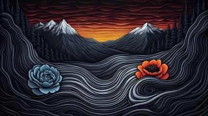 Wall Mural - Serene mountain landscape sunset dramatic swirling lines. AI Generated