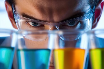 Poster - Scientist Analyzing Colorful Liquids in Laboratory