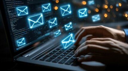 Poster - Hands typing on laptop with glowing email icons