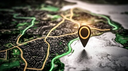Fototapete - Detailed 3D City Map with Glowing Location Pin
