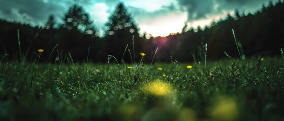 Wall Mural - Dew-Covered Grass Field at Sunset