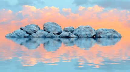 Wall Mural - Serene stones reflect pastel sunset sky peaceful waters. AI Generated