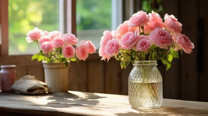 Wall Mural - pink roses table