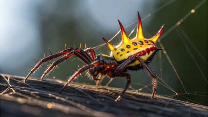 Wall Mural - spiny orb weaver: a striking spiny orb weaver spider with a bold, red, yellow and black patterned bo