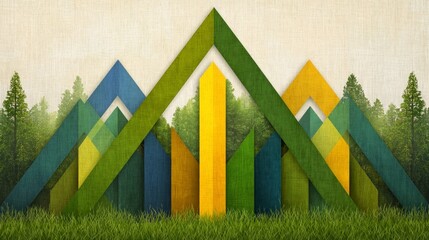 Wall Mural - Geometric Abstract Mountain Landscape with Green Yellow and Blue Tones