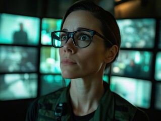 Poster - A focused woman in glasses examines multiple surveillance screens in a dimly lit control room, highlighting her intense concentration on security