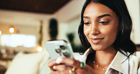 Aufkleber - Woman, phone and texting on couch in home, chat and search for valentines day date in lounge. Girl, person and smile with mobile app, typing and check notification on social network at apartment