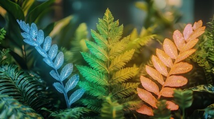 Wall Mural - Glowing Colorful Fern Leaves Closeup