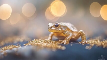 Wall Mural - Golden Frog on Glittering Surface with Bokeh Lights