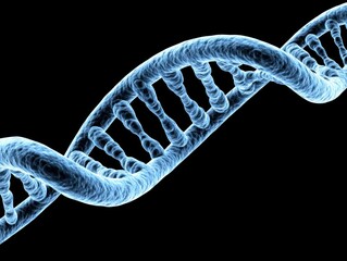 Poster - A detailed blue representation of a DNA double helix structure set against a black background, symbolizing genetic research and biotechnology
