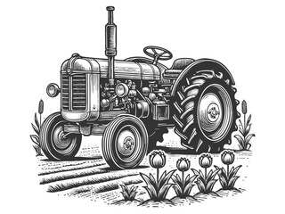 Wall Mural - classic farm tractor engraving vector illustration