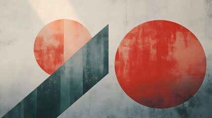 Poster - Abstract geometric composition featuring red circles and green shapes modern art context urban environment minimalist viewpoint