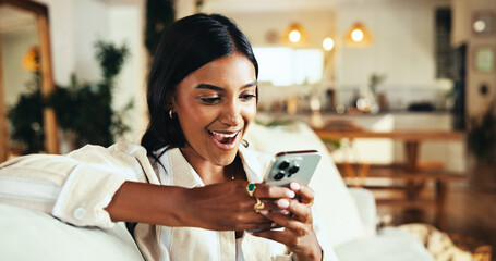 Aufkleber - Woman, phone and surprise with texting in home, gossip and online dating on sofa in living room. Girl, person and wow on mobile app, excited and notification on social network in lounge at apartment