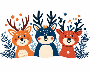 Three deer celebrating winter holidays amidst snowflakes and pine branches. Generative AI