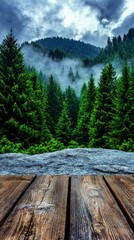 Canvas Print - Misty Mountain Forest with Wooden Tabletop