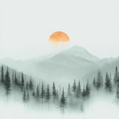 Wall Mural - Misty Mountain Sunset Landscape with Silhouette Trees