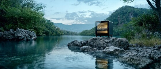 Wall Mural - Modern Structure on Lake Rocks at Dusk