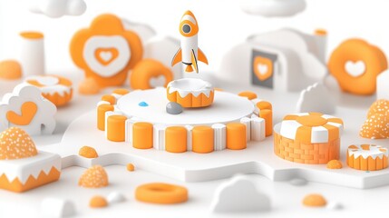 Poster - orange and white 3d render of a rocket launching from a circular platform surrounded by heart shapes