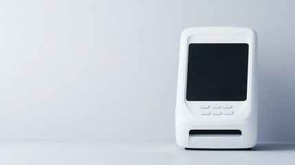 E-commerce payment systems. A sleek white device with a dark screen and buttons sits on a neutral surface, exuding a modern and minimalist design.