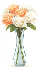 Canvas Print - Peach and White Roses in a Clear Glass Vase