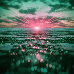 Wall Mural - Pink And Teal Sunset Over Calm Ocean With Light Rays