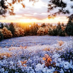 Canvas Print - Purple Flower Field at Sunset Landscape