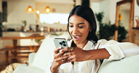 Aufkleber - Woman, phone and surprise on sofa in home, gossip and online dating with texting in living room. Girl, person and wow with mobile app, shock and notification on social network in lounge at apartment