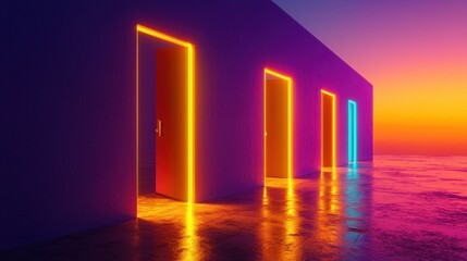 Leinwandbilder - Vibrant neon doors surreal landscape digital art modern environment artistic viewpoint