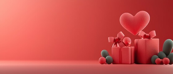 Wall Mural - Red Heart and Gift Boxes on Red Background