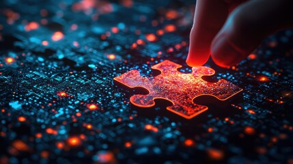 Fototapete - Close-up view of puzzle piece assembly in a futuristic digital conceptual environment