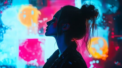 Woman silhouetted in vibrant neon light, embodying serene contemplation