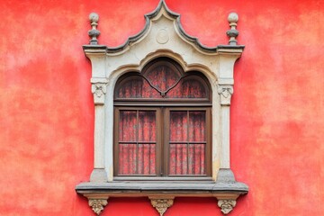 Canvas Print - Ornate window with red curtains set against a stucco wall