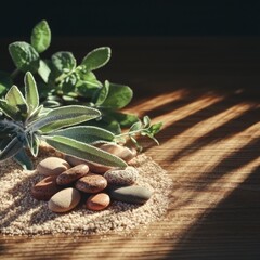 Wall Mural - Smooth Stones and Aromatic Herbs on Sand with Wooden Background