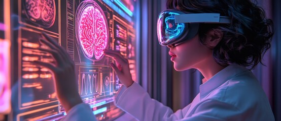 Poster - a doctor employs digital technology to manage and display medical data and information on the screen