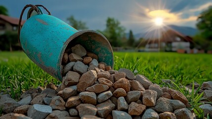 Canvas Print - Teal Weathered Bucket Spilling Brown Rocks on Green Grass at Sunset