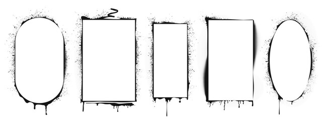Poster - Black paint stencils set isolated on white background. Vector realistic illustration of rectangular, oval ink borders, airbrush silhouette, grungy street art frames with color drips