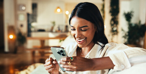 Aufkleber - Woman, phone and laughing with texting on sofa in home, chat and funny meme in living room. Girl, person and smile with mobile app, contact and comic video on social media in lounge at apartment